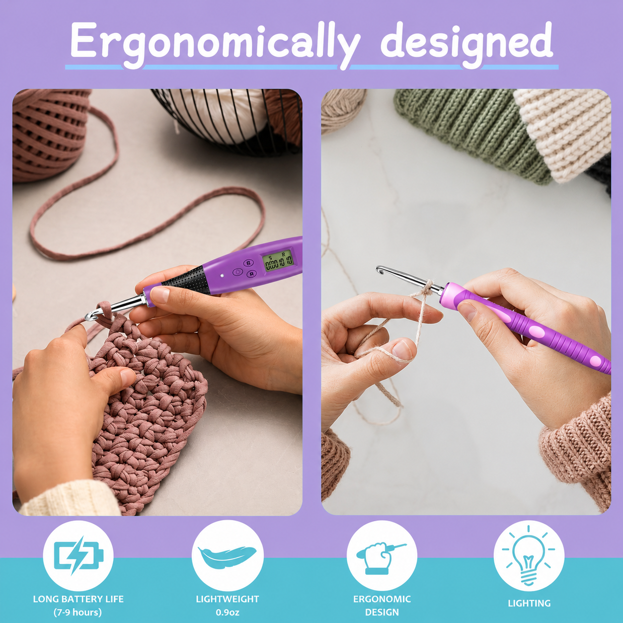 24pcs Crochet Hook Set with Counter LED Light & Stitch Ergonomic knitting needle Sewing Tools Set DIY Weaving Sweater Tool