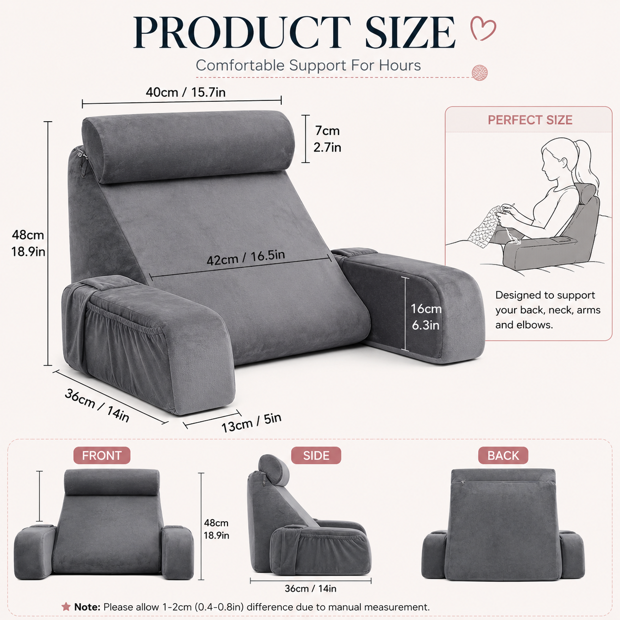 Crochet Comfort Pillow for Bed – Ergonomic Memory Foam Backrest with Arm Support & Side Pockets for Crochet, Knitting, Reading & Gaming