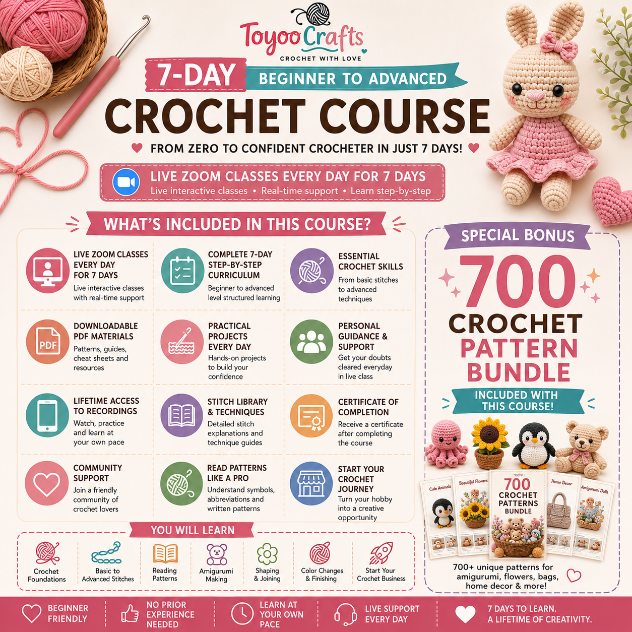 Master Crochet in 7 Days | Live Beginner to Advanced Crochet Course with 700 Pattern Bundle