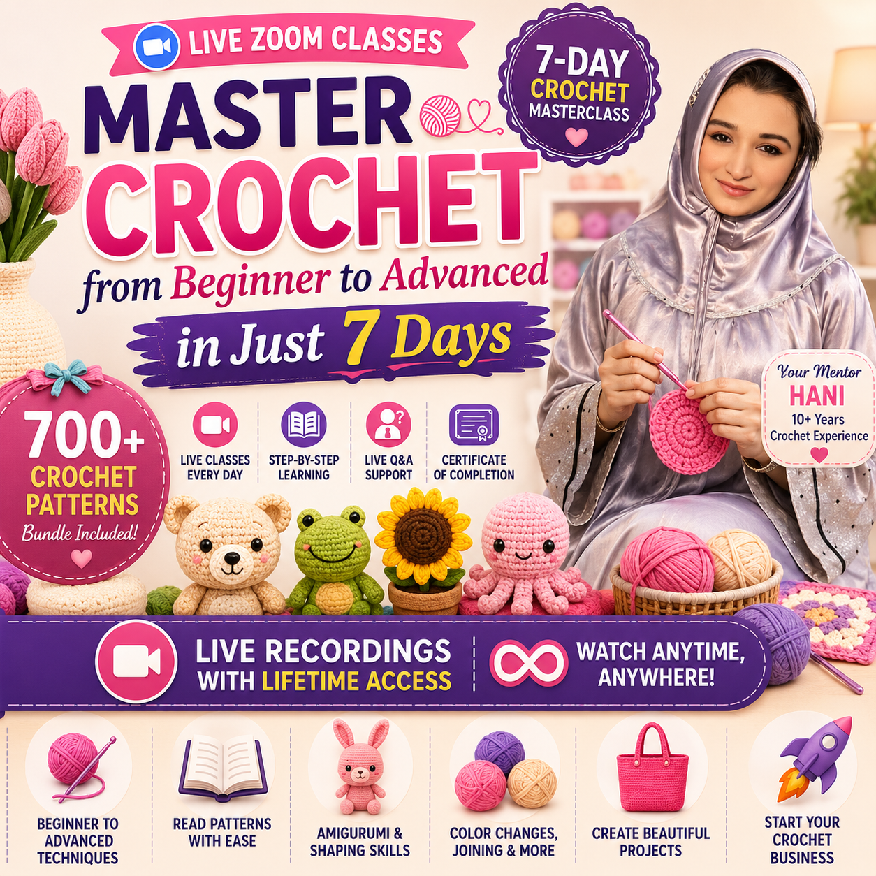 Master Crochet in 7 Days | Live Beginner to Advanced Crochet Course with 700 Pattern Bundle