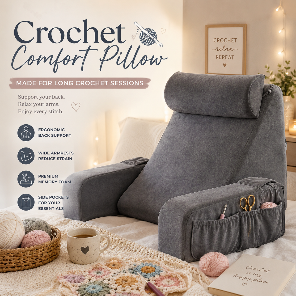 Crochet Comfort Pillow for Bed – Ergonomic Memory Foam Backrest with Arm Support & Side Pockets for Crochet, Knitting, Reading & Gaming