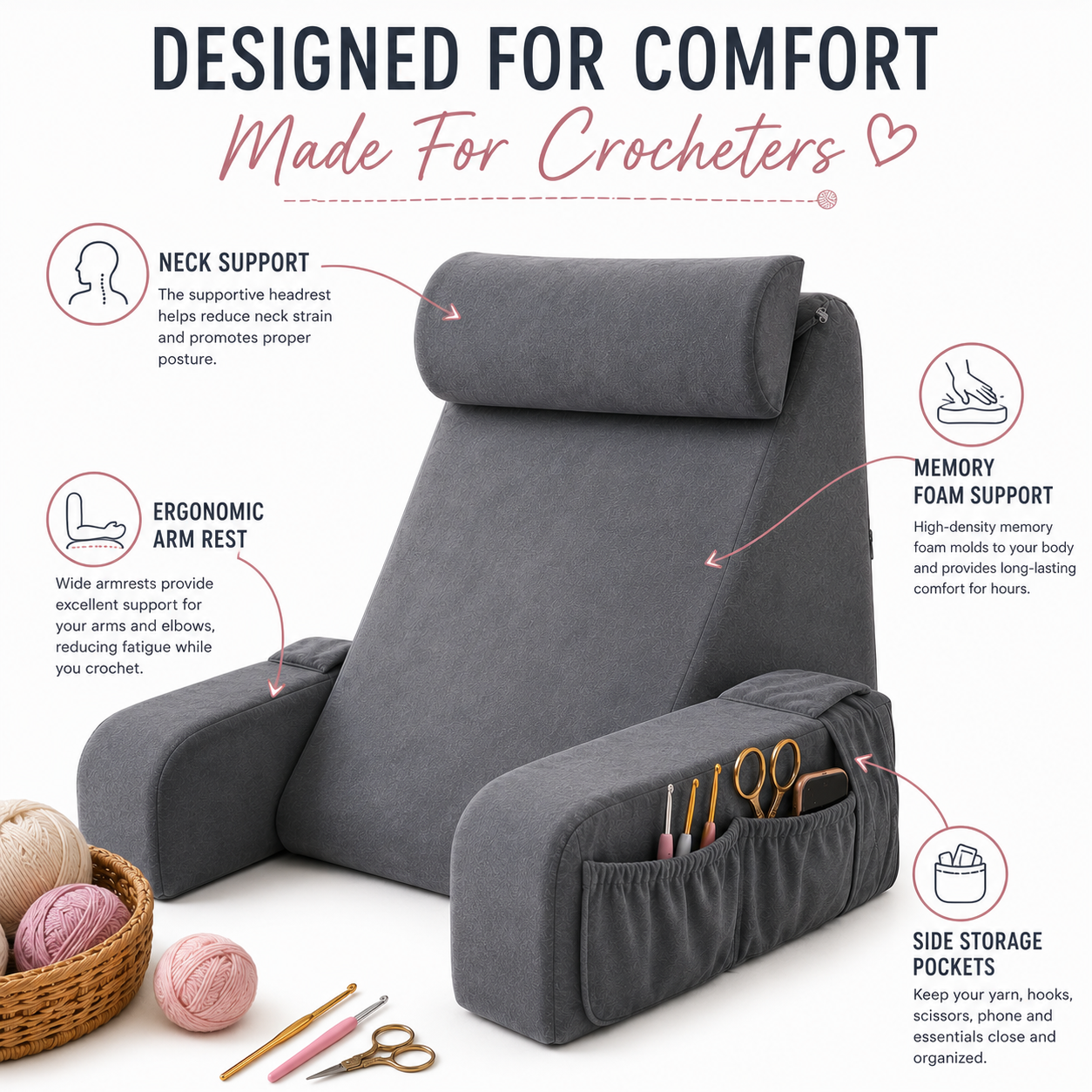 Crochet Comfort Pillow for Bed – Ergonomic Memory Foam Backrest with Arm Support & Side Pockets for Crochet, Knitting, Reading & Gaming