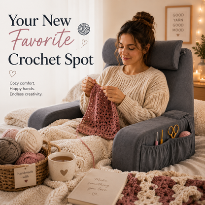 Crochet Comfort Pillow for Bed – Ergonomic Memory Foam Backrest with Arm Support & Side Pockets for Crochet, Knitting, Reading & Gaming