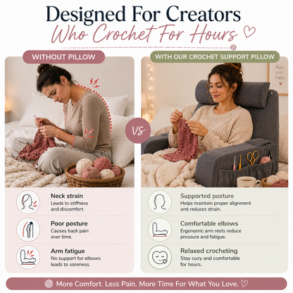 Crochet Comfort Pillow for Bed – Ergonomic Memory Foam Backrest with Arm Support & Side Pockets for Crochet, Knitting, Reading & Gaming