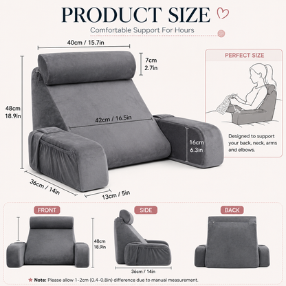 Crochet Comfort Pillow for Bed – Ergonomic Memory Foam Backrest with Arm Support & Side Pockets for Crochet, Knitting, Reading & Gaming