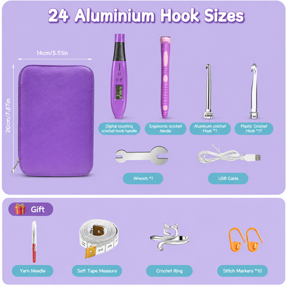 24pcs Crochet Hook Set with Counter LED Light & Stitch Ergonomic knitting needle Sewing Tools Set DIY Weaving Sweater Tool