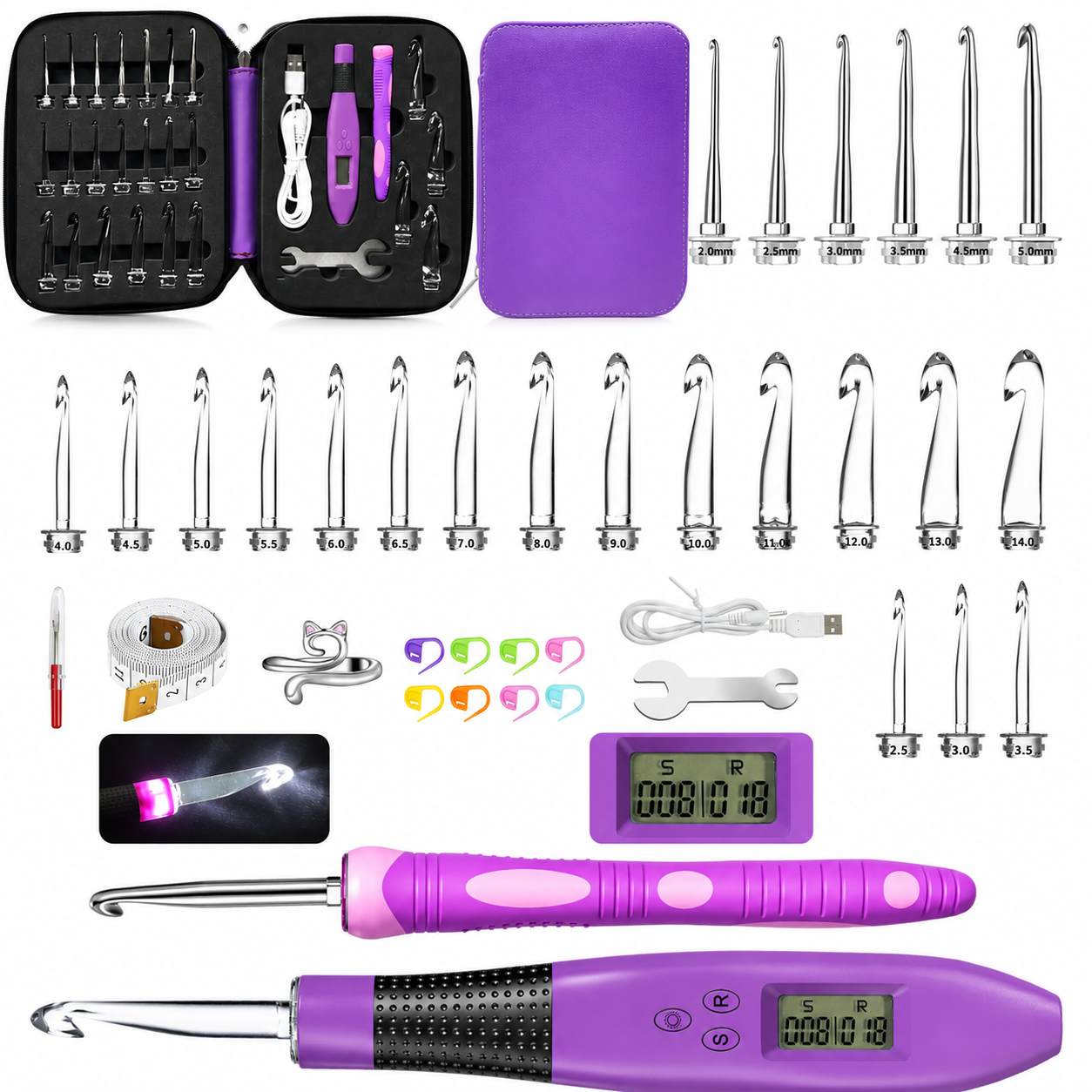 24pcs Crochet Hook Set with Counter LED Light & Stitch Ergonomic knitting needle Sewing Tools Set DIY Weaving Sweater Tool