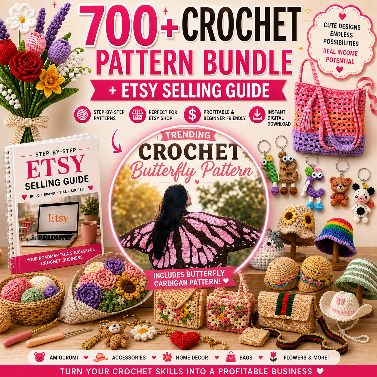 700+ crochet pattern bundle with Etsy selling guide featuring amigurumi toys, crochet flower bouquets, keychains, bags and accessories, beginner friendly digital download to start and grow a crochet business online