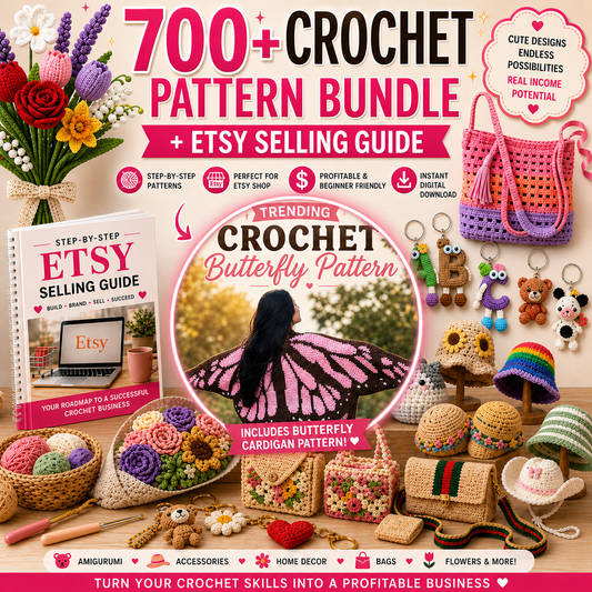 700+ crochet pattern bundle with Etsy selling guide featuring amigurumi toys, crochet flower bouquets, keychains, bags and accessories, beginner friendly digital download to start and grow a crochet business online