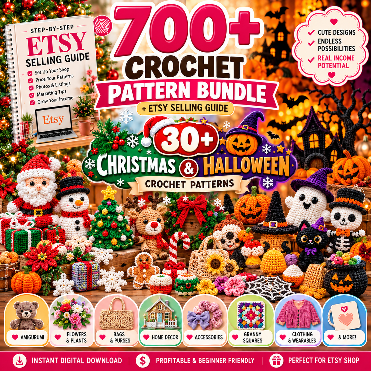 30+ Halloween and Christmas Crochet Patterns, festive crochet pattern bundle with Santa, snowman, Christmas tree, gingerbread, candy cane, ghost, witch, pumpkin, bat, vampire, ornaments, amigurumi and holiday decorations